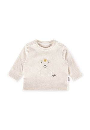 Langärmliges baby shirt in cremefarben mit einer bestickten Bärchen-Motiv und Druckknöpfen an der Schulter für einfaches Ankleiden.
