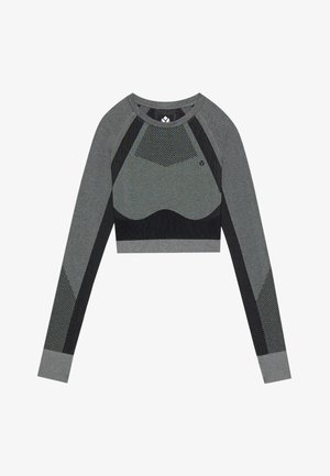 Grå langærmet crop top med en tætsiddende design. Har mesh-detaljer, solide sorte paneler og struktureret stof for øget åndbarhed.