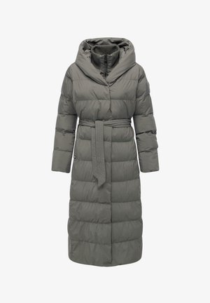 Long, gray puffer coat with a wide hood, quilted texture, long sleeves, and a tie belt at the waist. Features a zippered closure.