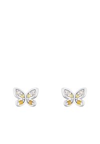 Orecchini a forma di farfalla in argento, decorati con cristalli di diverse colorazioni gialle e trasparenti, caratterizzati da un design intagliato intricata.