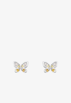 Boucles d'oreilles en argent en forme de papillon ornées de cristaux multicolores dans des teintes jaunes et claires, avec un design découpé complexe.