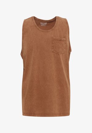 Débardeur sans manches en coton marron avec un col rond et une poche sur la poitrine. Présente une finition légèrement texturée et des bords nets.