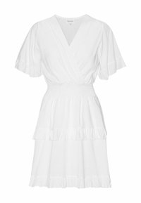 Robe blanche à manches courtes avec col en V, taille élastique et détails volants aux manches, à la taille et à l'ourlet.