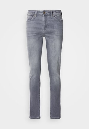 Hellgraue Denim-Jeans mit geradem Schnitt, ausgestattet mit fünf Taschen, Messingknopfverschluss und subtiler Ausbleichung an den Beinen.