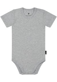 Grå kortærmet bodystocking lavet af blødt materiale. Har en rund halsudskæring, tre trykknapper på skulderen og en foret halskant.