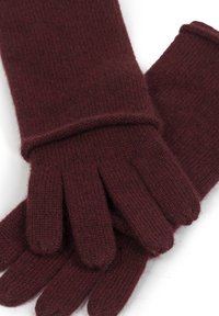 Burgundowe wełniane rękawiczki o miękkiej teksturze, z pięcioma palcami i dopasowanym mankietem, idealne dla ciepła i komfortu.