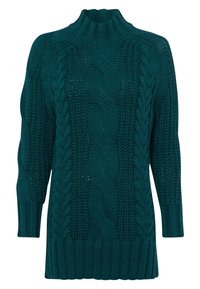 Turbokablowy sweter w kolorze zielonym z wysokim kołnierzem, z teksturowanymi wzorami i prążkowanymi mankietami. Projekt ma oversize'owy, luźny krój.