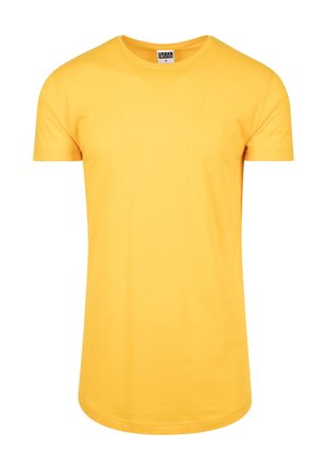 Tricou galben cu mânecă scurtă, confecționat din bumbac, având un guler clasic rotund și croi drept. Textură netedă, fără modele sau accente.