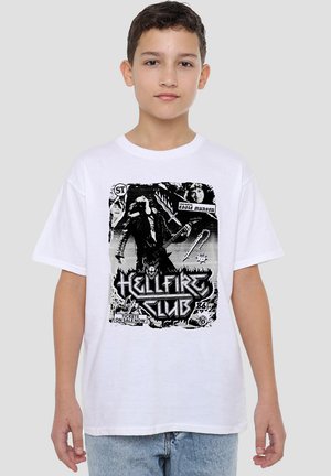White cotton t-shirt featuring a black graphic print of "Hellfire Club" with images of a guitarist and text accents, oversized design.