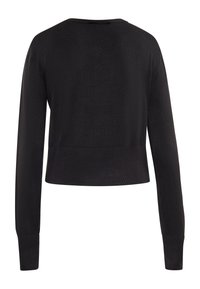 Pullover nero cropped realizzato in tessuto morbido, con maniche lunghe, scollo tondo e polsini a costine con una texture liscia.