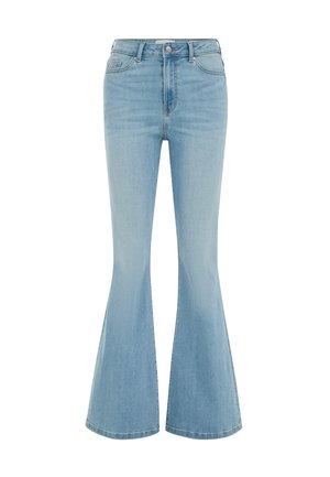 Jean évasé bleu clair en denim. Taille haute avec fermeture boutonnée et fermeture éclair, doté de poches avant et d'une finition propre et texturée.