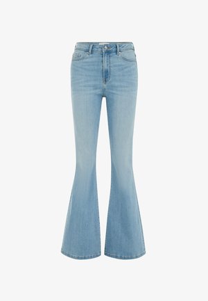 Svijetloplave trapez hlače od trapera. Visoki struk s kopčanjem na gumb i patentni zatvarač, s prednjim džepovima i čistim, teksturiranim završetkom.