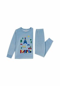 Set di pigiama in cotone blu composto da una maglietta a maniche lunghe con grafica della Torre Eiffel, alberi e automobili. Include pantaloni blu abbinati con vita elastica.