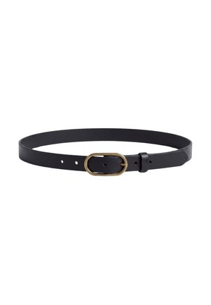 Ceinture en cuir noir avec boucle ovale dorée et plusieurs trous de réglage, présentée sur fond blanc.
