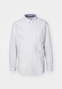Camicia a maniche lunghe a righe in blu chiaro e bianco, in misto cotone, con colletto button-down, taschino sul petto con logo discreto.