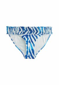 Modré a biele bikiny s elastickým pásom, so vzorom zebrových pruhov. Mäkký materiál s pohodlným strihom a hladkou textúrou.
