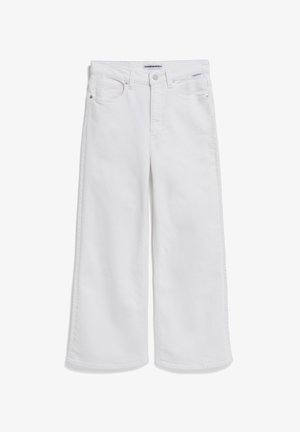 Witte wijde denim jeans met een knoop- en ritsluiting, twee voorzakken en subtiele stiksels langs de naden.