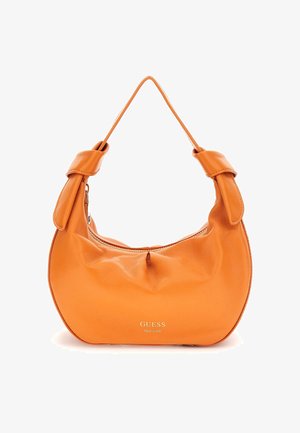 Orange leather handbag with a soft, curved shape, smooth texture, and a zip closure. Features a knotted handle and a gold logo detailing.