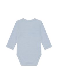 Body neonato a maniche lunghe di colore azzurro chiaro con colletto rotondo, cuciture visibili e chiusura a scatto sulla parte inferiore, su sfondo bianco.