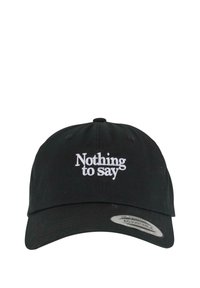 Schwarze Baseballkappe mit gebogenem Schirm und gesticktem Text "Nichts zu sagen" in Weiß. Verstellbarer Riemen auf der Rückseite. Baumwollmaterial.