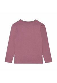 Langarmshirt aus weichem Mauve-Stoff, mit einem runden Ausschnitt und gerafften Details an den Schultern. Glatte Textur, lässiges Design.