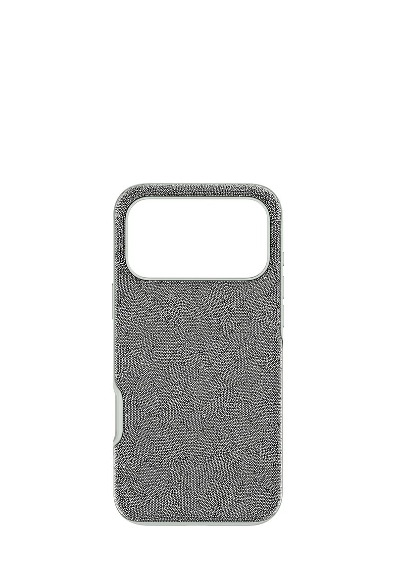 Coque de smartphone texturée en gris, avec une découpe pour l'appareil photo. Le design est élégant avec une surface lisse et des bords arrondis.