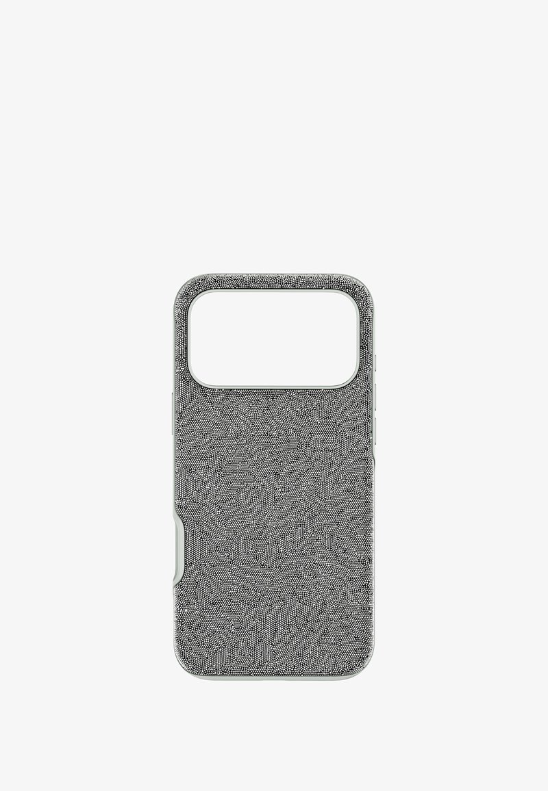 Coque de smartphone texturée en gris, avec une découpe pour l'appareil photo. Le design est élégant avec une surface lisse et des bords arrondis.