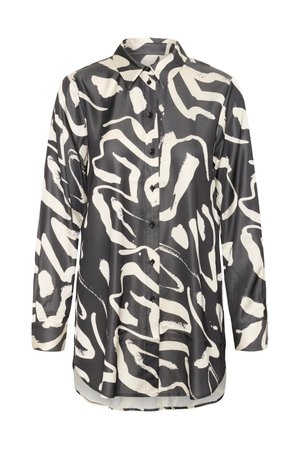 Košulja s dugim rukavima i kopčanjem na gumbe, s apstraktnim uzorkom poteza četkicom u crno-bijelim tonovima i oštrim ovratnikom.