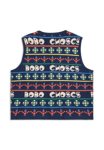 Stickad ärmlös väst i marinblått med färgglada geometriska mönster och texten "BOBO CHOSES" i krämfärgat, med gröna, röda och blå accenter.