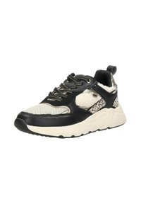 Zwarte en crèmekleurige sneaker van mesh en leer. Chunky zool, textuuraccenten en vetersluiting met metalen details.