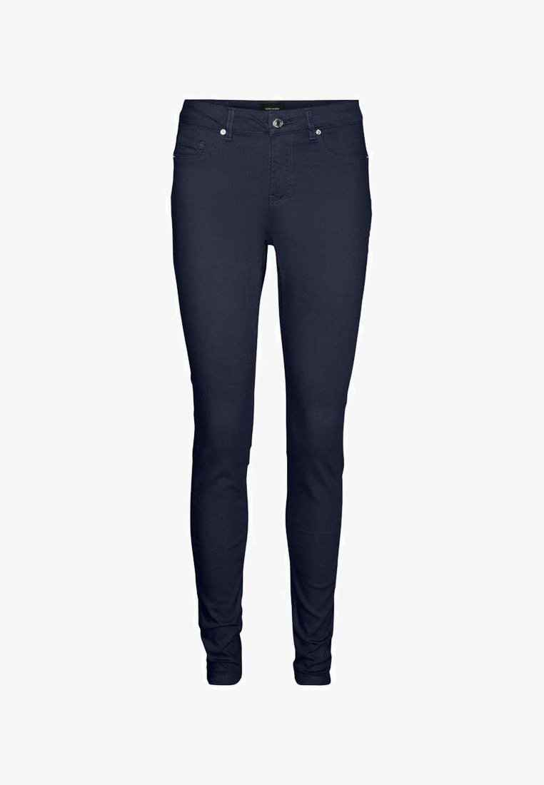 Jeans skinny bleu marine en tissu extensible, dotés de cinq poches, d'un zip avec patte de boutonnage et de détails de couture minimaux.