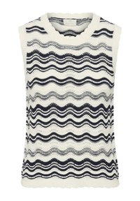 Haut en tricot sans manches avec encolure ronde festonnée, présentant un motif de rayures ondulées horizontales en noir et blanc et des détails en tricot ouvert texturé.