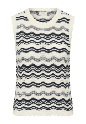 Ärmelloses Stricktop mit gewelltem Rundhalsausschnitt, mit schwarz-weißem horizontalem Wellenstreifenmuster und strukturierten, offen gestrickten Details.