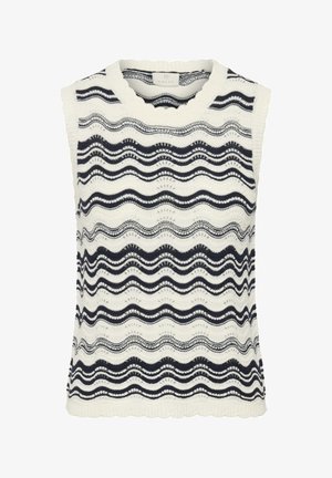 Top senza maniche in maglia con scollo a giro collo smerlato, caratterizzato da un motivo a righe ondulate orizzontali nere e bianche e dettagli lavorati a maglia traforata.