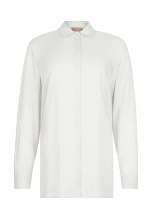Langärmliges weißes Hemd mit Knopfleiste, Kragen und Manschetten, vor einem schlichten weißen Hintergrund präsentiert.