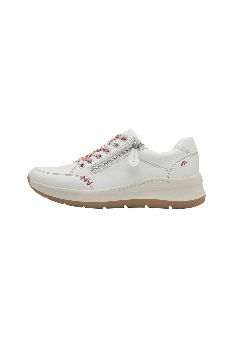 White sneaker with red accents, smooth leather material, decorative zipper, cushioned sole, and rounded toe. Contrast stitching visible.
