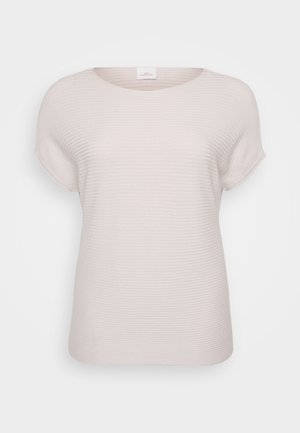 Svetlo bež rebrast majica s kratkimi rokavi, ki ima okroglo izrez, sproščen kroj in je izdelana iz mehkega, teksturiranega blaga.