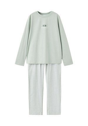 Haut à manches longues gris clair avec le texte "84" et pantalon à rayures verticales gris clair et blanc, présenté sur un fond blanc uni.