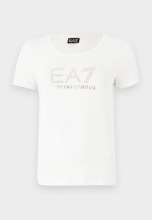Weißes Baumwoll-T-Shirt mit rundem Halsausschnitt, auf dem die EA7 Emporio Armani-Logo aus Strasssteinen quer über die Brust gedruckt ist. Kurze Ärmel.