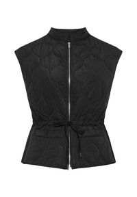 Svart vadderad väst med hög krage, dragkedja fram, dragsko i midjan och två framfickor. Har ett texturerat, vågigt mönster.