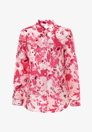 Pika varrukatega nööbitepitud särk roosat värvi, millel on valged ja punased lillemustrid. Valmistatud kergest kangast, klassikalise krae ja mansettidega varrukatega.