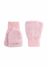 Ein Paar weiche, rosa, fuzzy fingerlose Handschuhe mit gerippten Bündchen und abnehmbaren Fäustlingen, die mit Knöpfen gesichert sind.