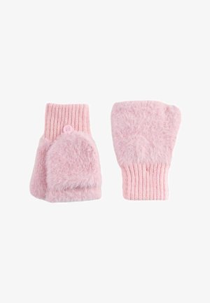 Ein Paar weiche, rosa, fuzzy fingerlose Handschuhe mit gerippten Bündchen und abnehmbaren Fäustlingen, die mit Knöpfen gesichert sind.