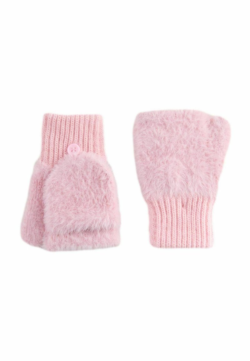 Ein Paar weiche, rosa, fuzzy fingerlose Handschuhe mit gerippten Bündchen und abnehmbaren Fäustlingen, die mit Knöpfen gesichert sind.