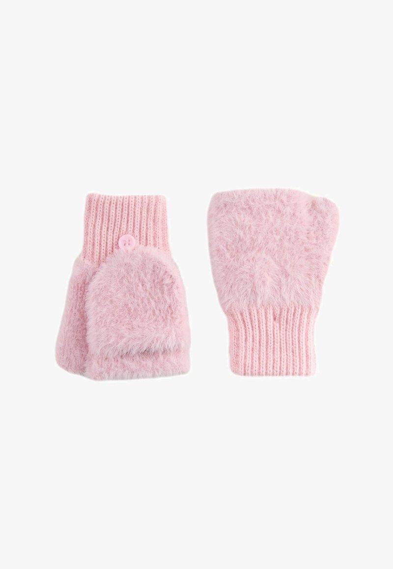 Ein Paar weiche, rosa, fuzzy fingerlose Handschuhe mit gerippten Bündchen und abnehmbaren Fäustlingen, die mit Knöpfen gesichert sind.