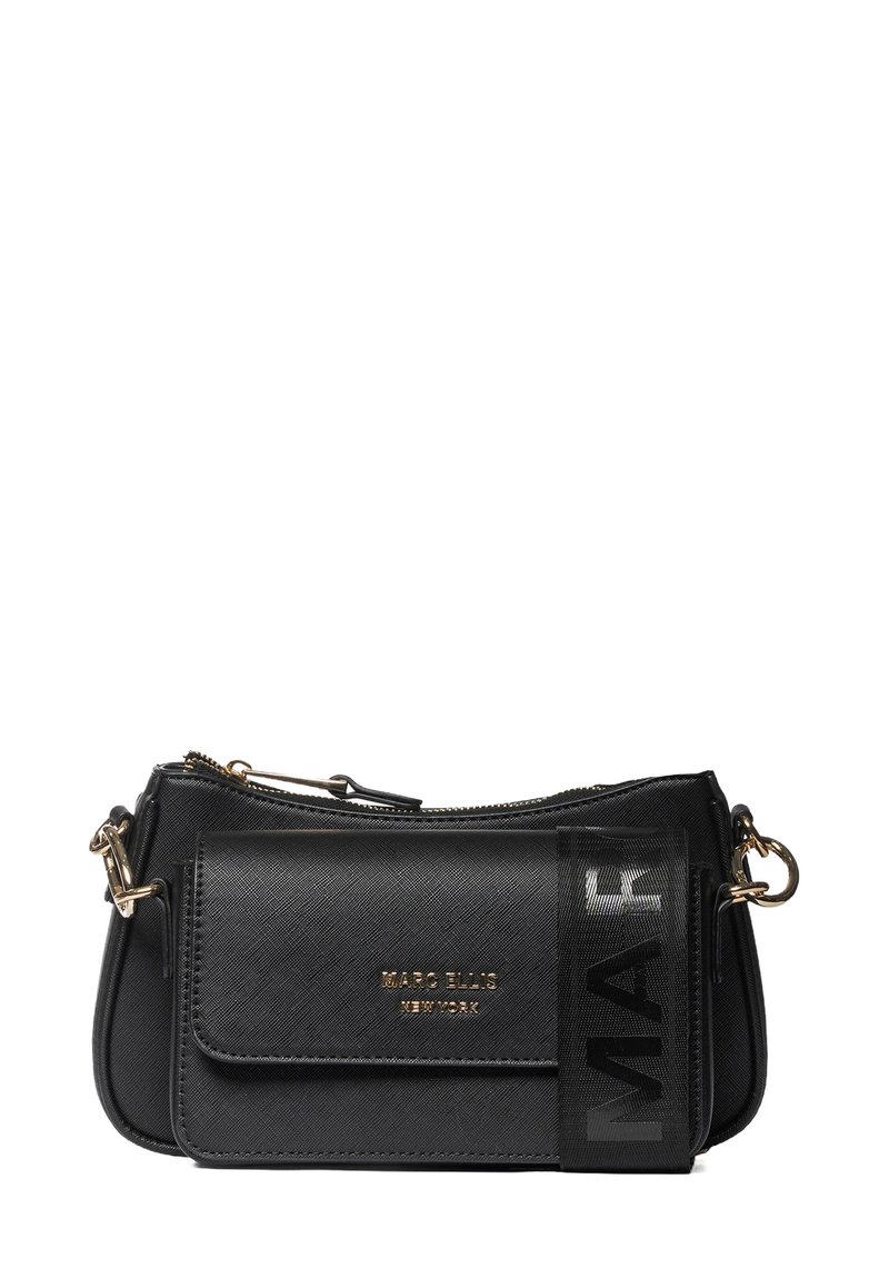 Schwarze Schultertasche aus Kunstleder mit strukturiertem Finish, goldenen Beschlägen, Fronttasche und geprägtem "MARC ELLIS"-Logo. Mit Reißverschluss.