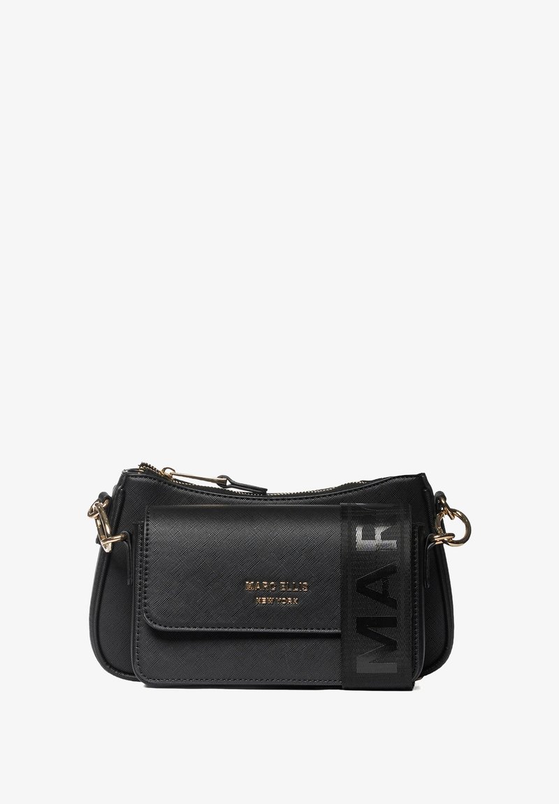 Zwarte faux leren schoudertas met een gestructureerde afwerking, gouden accenten, voorvak en geperst "MARC ELLIS" logo. Ritssluiting.