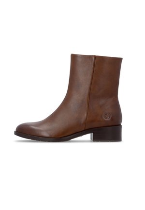 Brown leather ankle boot with low block heel and round toe, featuring a subtle embossed logo on the outer side near the heel.