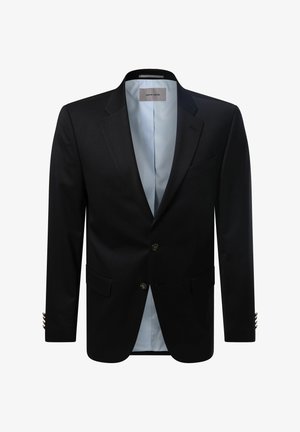 Blazer noir en tissu doux, avec une doublure bleu clair, deux poches avant et des boutons en accent doré sur les manches.