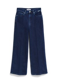 Jeans de tiro alto de pierna ancha en un azul oscuro, confeccionados en denim. Presentan bolsillos frontales, cierre de botón y costuras cosidas.